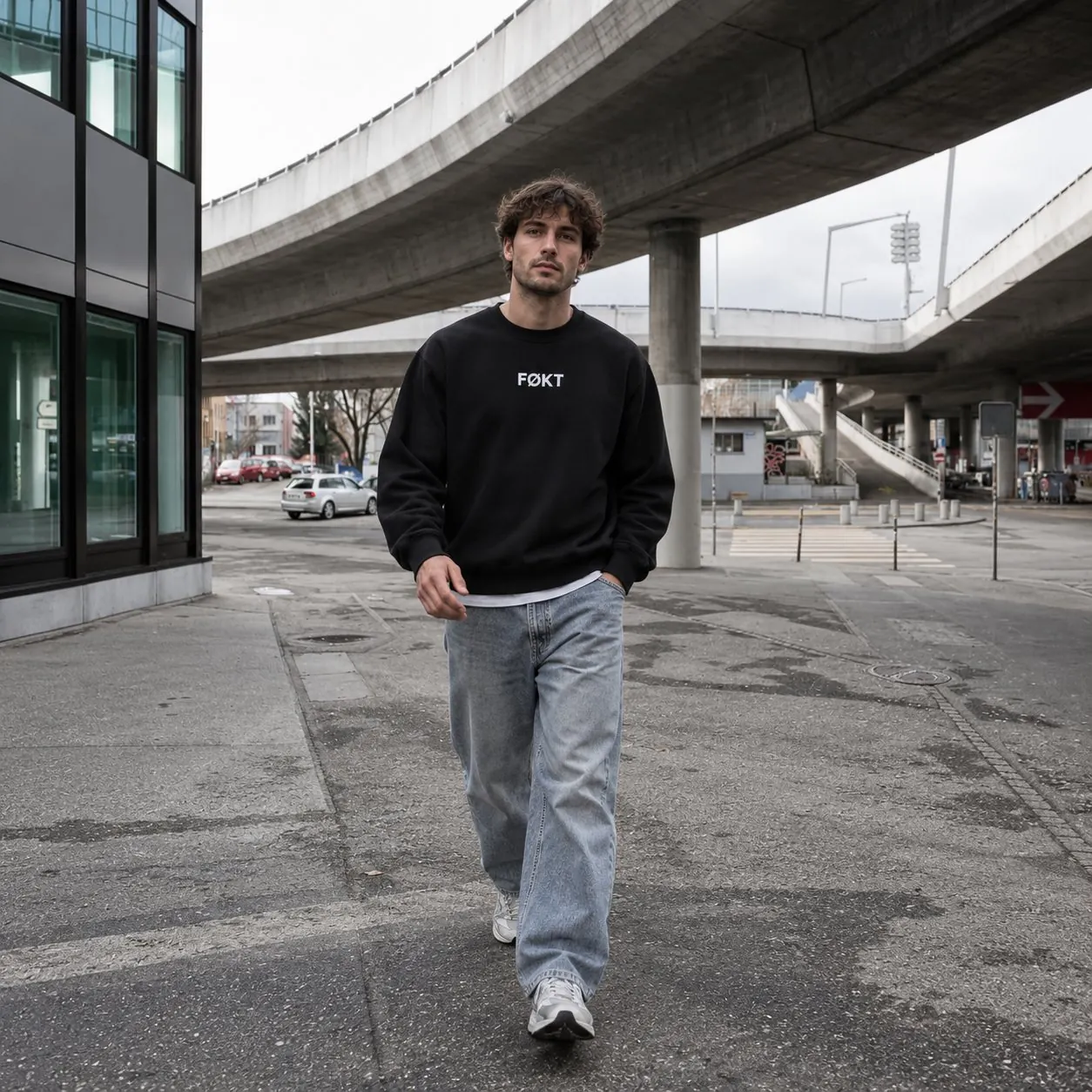 Person im FØKT-Sweatshirt unter einer Autobahnbrücke