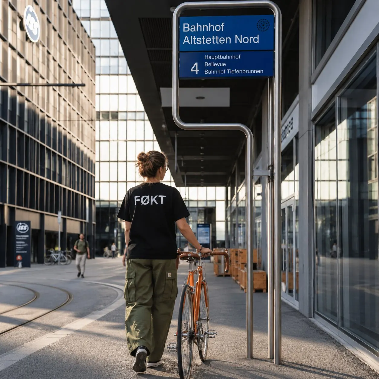 Person im FØKT-T-Shirt mit Velo an einer Tramhaltestelle