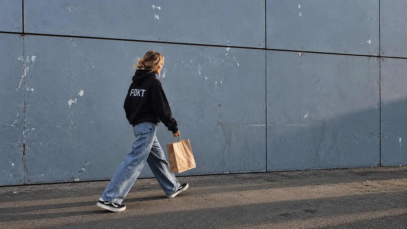 Person im FØKT-Hoodie vor einer grauen Wand